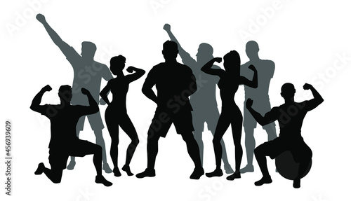Sporty people silhouette. Sporty and fit friends in gym vector illustration. Man and woman showing muscles.