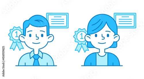 Vector illustration of a employee avatar with diploma and award in trendy flat linear style photo