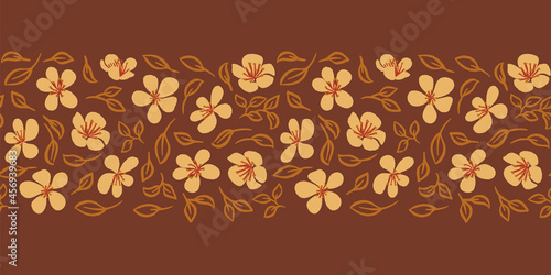 Mustard yellow autumn leaves and flowers. Botanical seamless border over chocolate brown background print. Fall vector illustration. For kids, autumn parties or home decor projects. Surface pattern