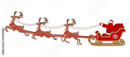 Santa Claus riding in a sleigh pulled by reindeer.  Christmas vector illustration.