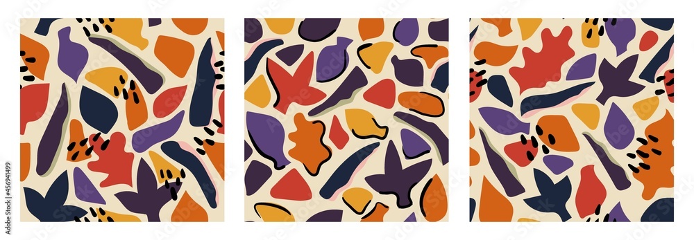Obraz premium Set of abstract autumn patterns with leaves. Design for paper, textiles and decor. Vector illustration.
