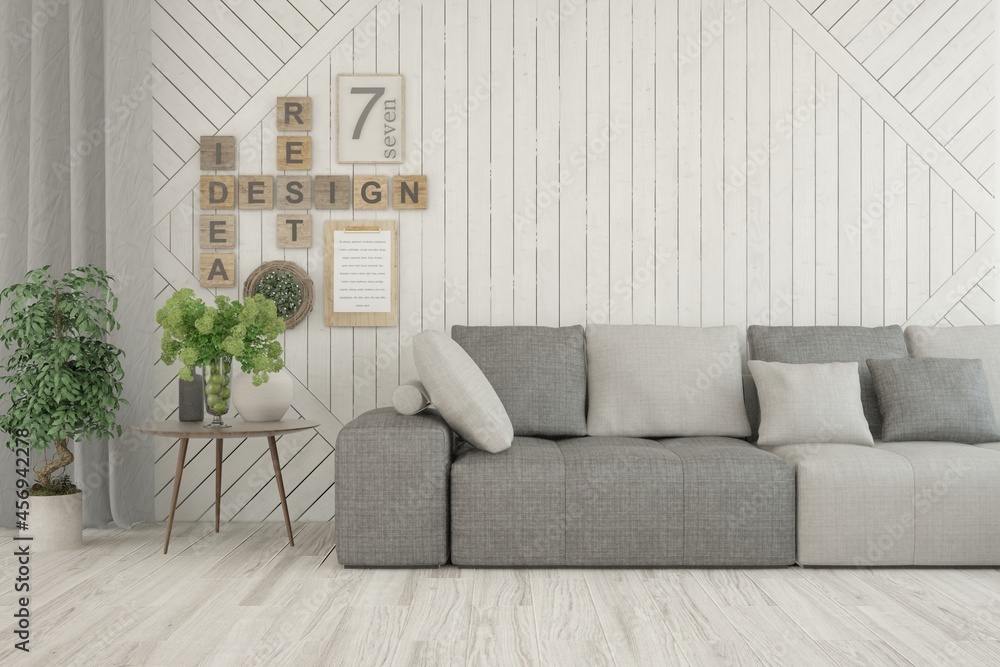 Fototapeta premium White living room with sofa. Scandinavian interior design. 3D illustration