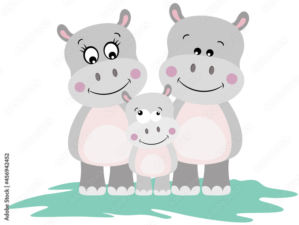 Obraz premium Funny hippo family with mum, dad and baby