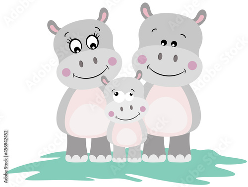 Funny hippo family with mum  dad and baby