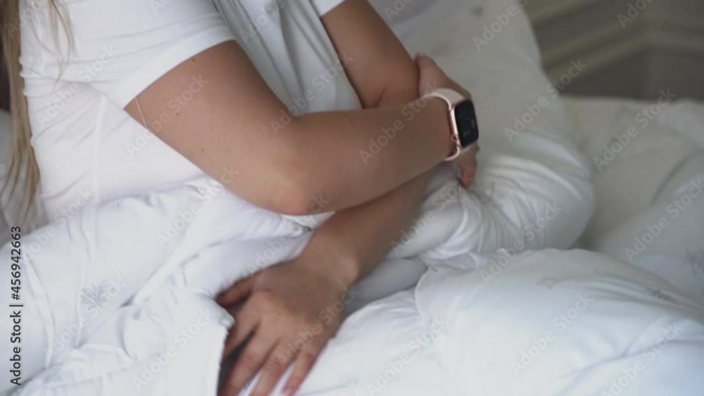 Calm young woman sleeping well in comfortable cozy fresh bed on soft pillow white linen orthopedic mattress Calm young woman sleeping well in comfortable cozy fresh bed on soft pillow white linen orthopedic mattress