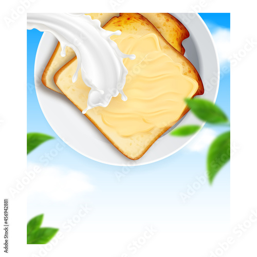 Butter Unsalted Fat Product Promo Poster Vector. Sandwich With Smear Butter On Plate, Milk Splash And Leaves On Advertise Banner. Natural Gluten And Soy Free Nutrient Style Concept Mockup Illustration