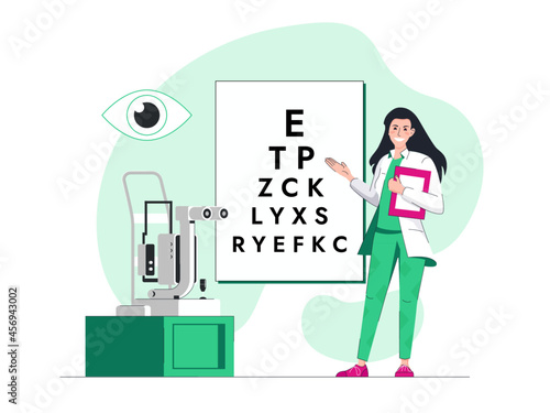 An ophthalmologist checks and invites you to check your eyesight. The medical concept of ophthalmology. Flat cartoon vector illustrations.