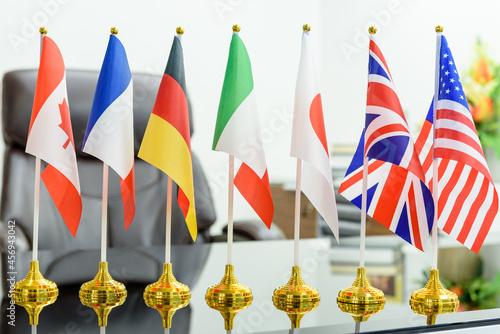 World economy and economic policies concept : Flags of G7 or group of seven countries e.g Canada, France, Germany, Italy, Japan, UK, USA. G7 summit goal is fine tuning of short term economic policies. photo