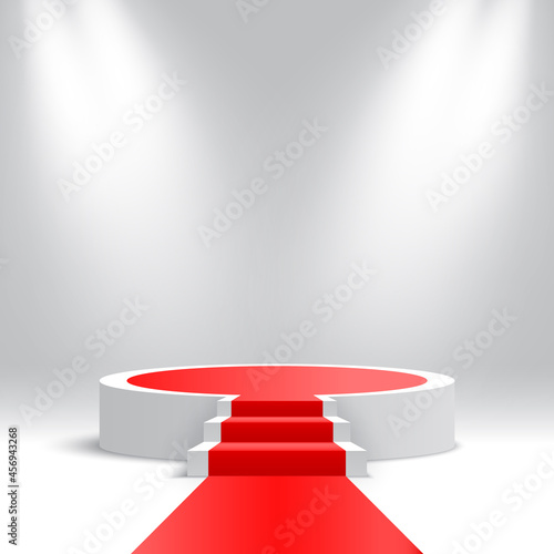 White round podium with stairs and red carpet. Blank pedestal with steps and spotlights. Products display platform. Stage for awards ceremony. Vector illustration.