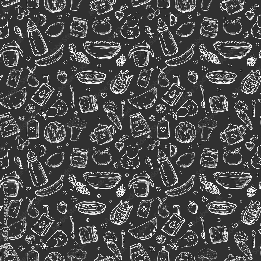 Various doodle baby food. Hand drawn organic food for kids, seamless pattern. Fresh vegetables, fruits. Kids nutrition on black background. Jars, bottles with children meal. Various doodle baby food. Hand drawn organic food for kids, seamless pattern. Fresh vegetables, fruits. Kids nutrition on black background. Jars, bottles with children meal.