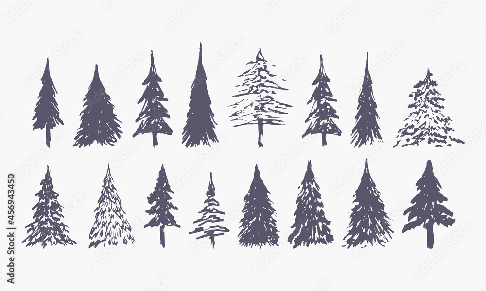 set of hand drawn winter trees (vector sketched spruce, fir and xmas trees) set of hand drawn winter trees (vector sketched spruce, fir and xmas trees)