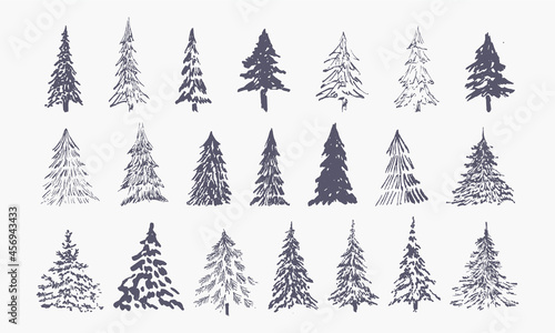 set of hand drawn winter trees (vector sketched spruce, fir and xmas trees)