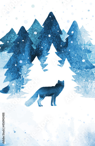 Vector silhouette of fox. Watercolor winter landscape with isolated animal, snow and coniferous forest in blue color. Watercolor Christmas vector illustration © GaliChe