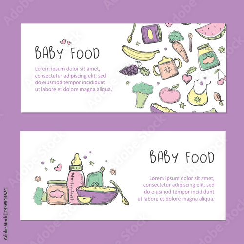 Baby food card templates. Jars and bottles with kids meals. Set of various fresh vegetables and fruits