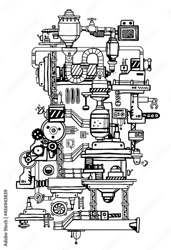 Obraz premium Vector Vertical Illustration of Complex Mechanism of Product Production. Line Art Style Design of Black and White Retro Machine