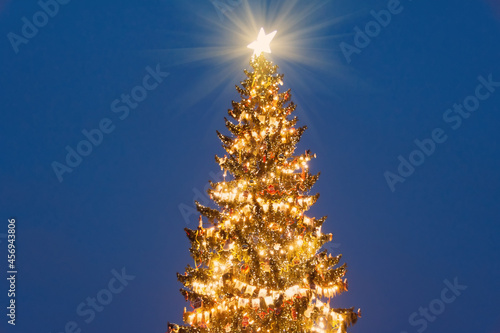 Christmas tree with a bright star on top of the head in the evening on the outside street.