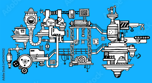 Vector Illustration of Black and White Retro Machine. Line Art Style Design of Complex Mechanism of Product Production