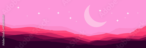 night mountain landscape with crescent moon vector illustration good for wallpaper, desktop wallpaper, backdrop, background template, and design template
