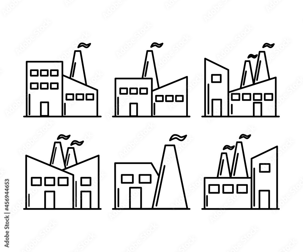 Manufacture industrial factory collection black vector square set of icons or silhouette line logo isolated on white vector background symbol illustration