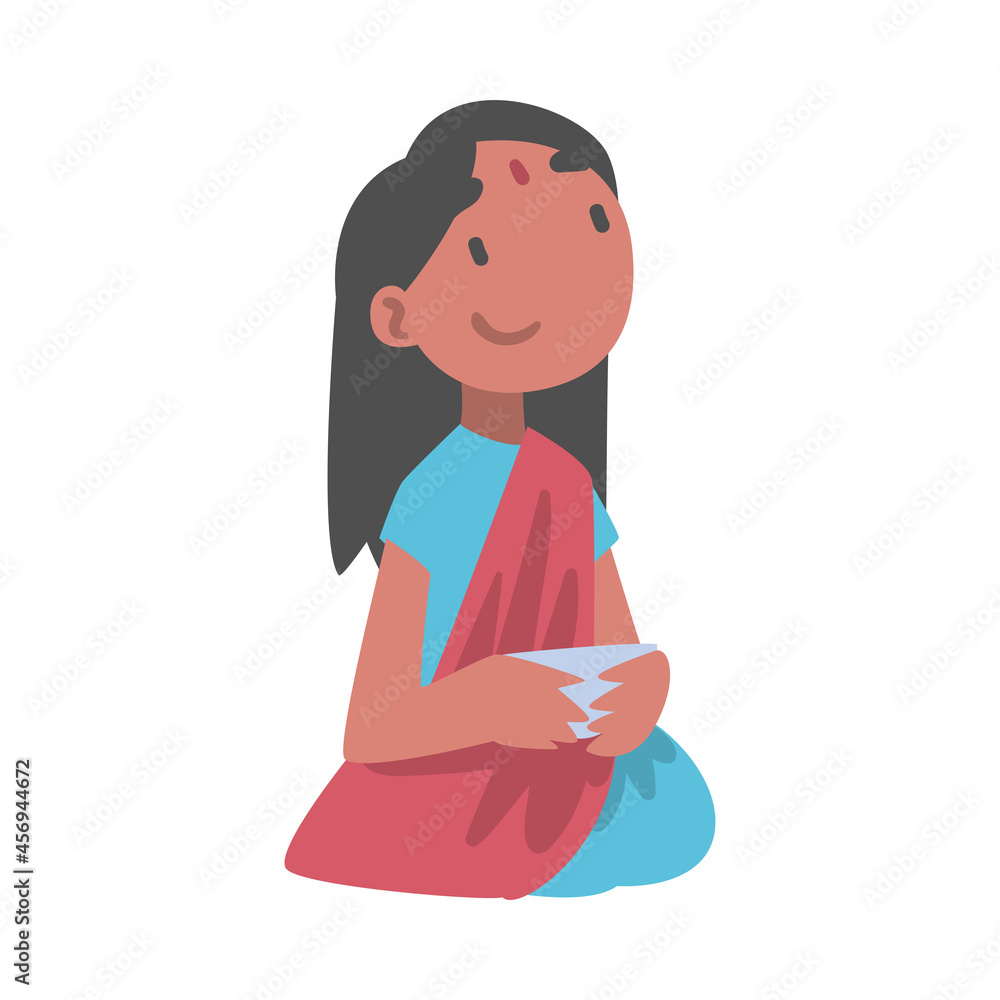 Indian Little Girl Wearing Sari with Bindi Sitting on the Floor with Bowl Having Meal Vector Illustration Indian Little Girl Wearing Sari with Bindi Sitting on the Floor with Bowl Having Meal Vector Illustration