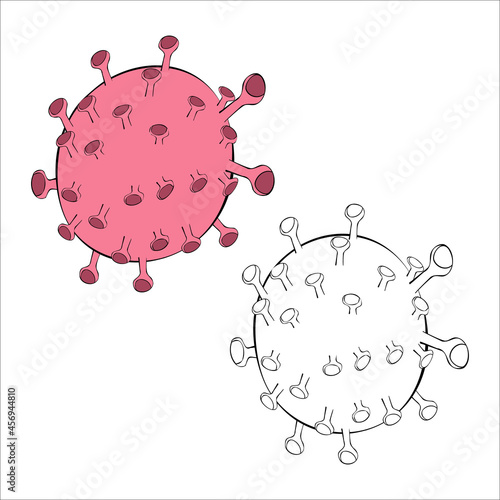 An outline vector illustration of two coronavirus symbols isolated on transparent background. Designed in pink and black and white colors for medical antiviral concepts.