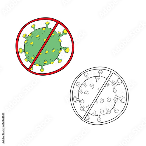 A vector illustration of two crossed out coronavirus symbols isolated on transparent background. Designed in red, yellow, green colors for medical antiviral concepts. 