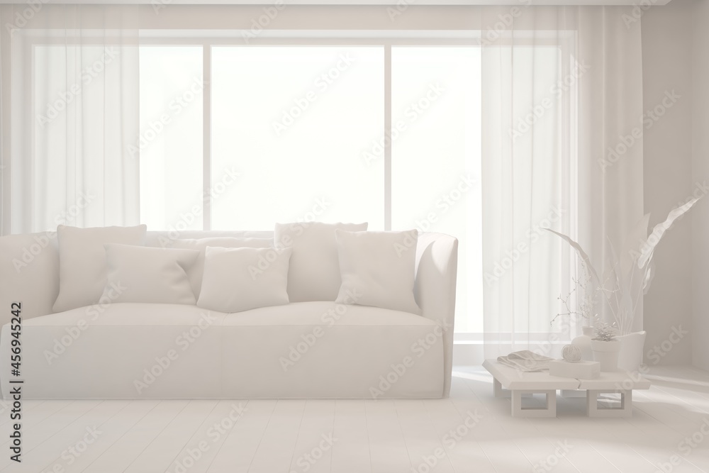 Fototapeta premium White minimalist living room with sofa. Scandinavian interior design. 3D illustration