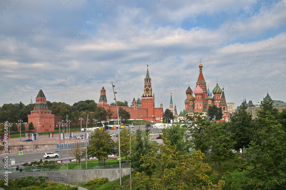 Autumn view of the Cathedral of the Intercession of the Most Holy Theotokos, which is on the Moat (St. Basil's Cathedral) and the towers of the Moscow Kremlin. Moscow, Russia