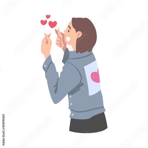 Female Sending Heart as Social Media Follower and Subscriber Showing Adoration Vector Illustration