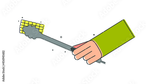 Kitchen tongs which hold a piece of corn in human hand. Organic vegetable for eating. Flat illustration on white background. Line art style. Outline image. An color image for design of restaurants