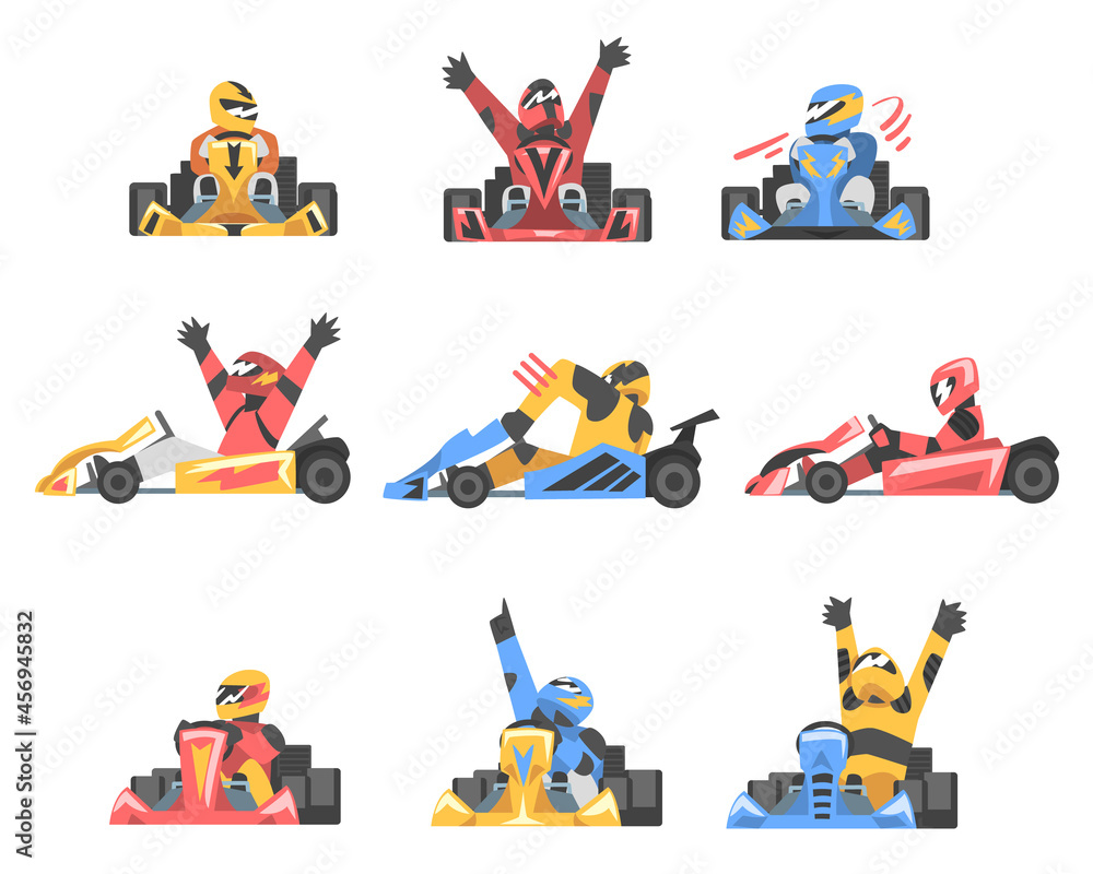 Kart Racing or Karting with Man Racer in Open Wheel Car Engaged in Motorsport Road Extreme Driving Vector Set Kart Racing or Karting with Man Racer in Open Wheel Car Engaged in Motorsport Road Extreme Driving Vector Set