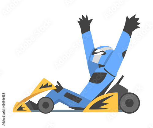 Kart Racing or Karting with Man Racer in Open Wheel Car Engaged in Motorsport Road Extreme Driving Vector Illustration