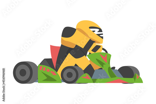 Kart Racing or Karting with Man Racer in Open Wheel Car Engaged in Motorsport Road Extreme Driving Vector Illustration