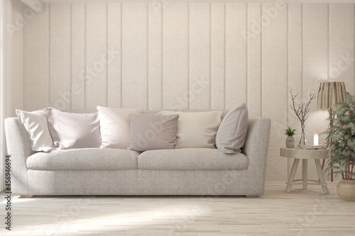 White living room with sofa. Scandinavian interior design. 3D illustration