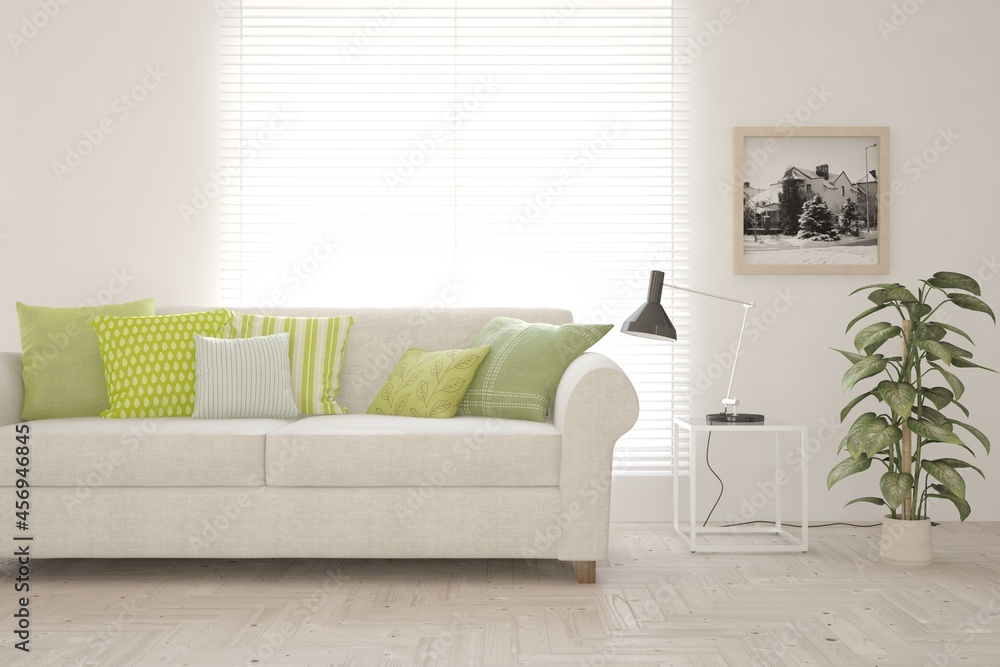 Fototapeta premium White living room with sofa. Scandinavian interior design. 3D illustration