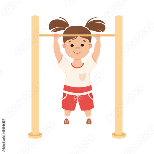 Cute Little Girl Doing Chin-up on Horizontal Bar Practicing Sport and Physical Activity Vector Illustration