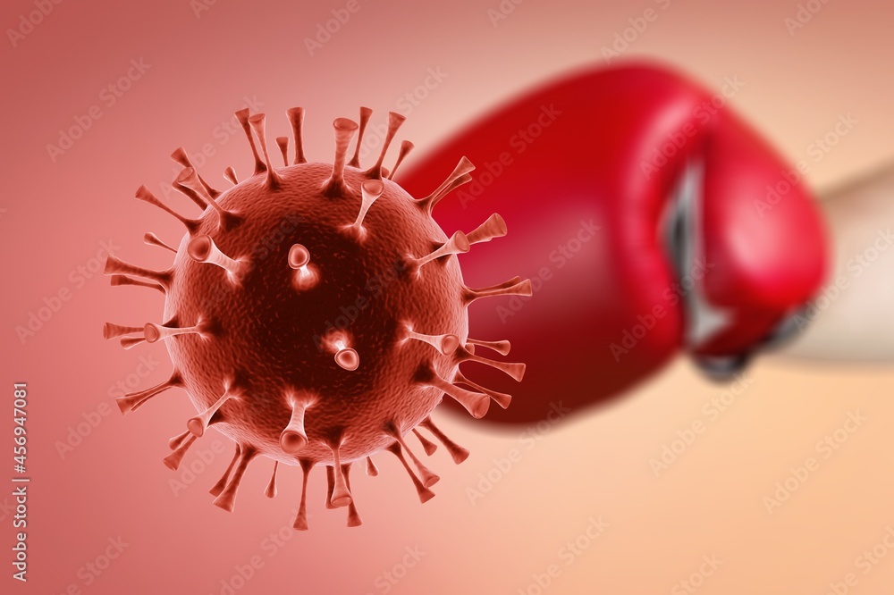 Fototapeta premium World Fight against corona virus, coronavirus vaccination concept. Hand with boxing gloves and virus