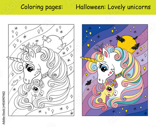 Coloring and colorful cute mom amd kid unicorns Halloween
