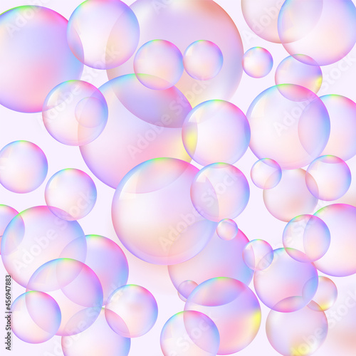 Soap bubble background with transparency in realistic style. Rainbow sphere wallpaper. Vector illustration.. Vector Illustration.