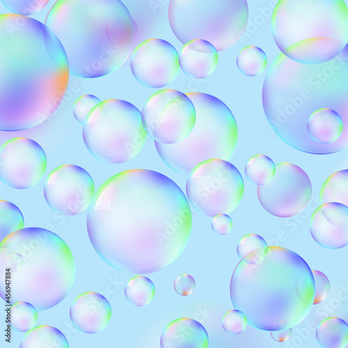 Soap bubble background with transparency in realistic style. Rainbow sphere wallpaper. Vector illustration.. Vector Illustration.