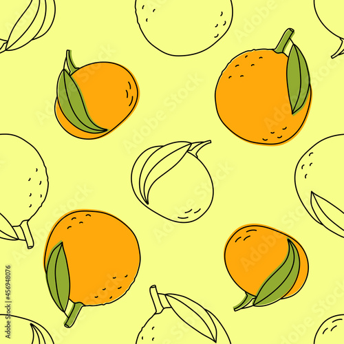 Orange and tangerine seamless pattern. Fruit with leaves sketch. Color food vector illustration. Mandarin