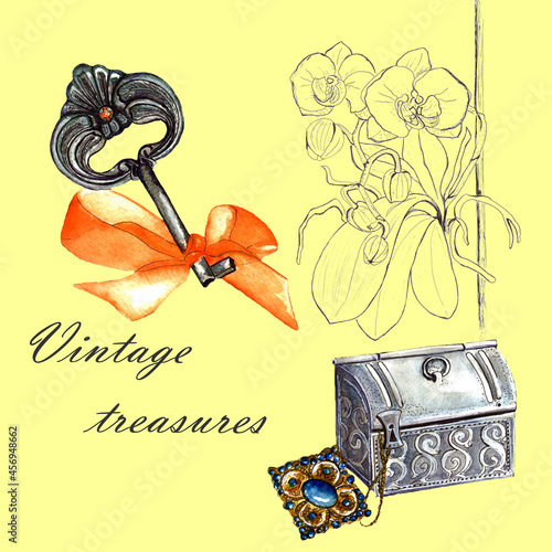 Watercolor illustration of vintage treasures, ornamental vintage key with orange ribbon, jewelry box, treasure silver chest, brooch, good for greeting card or scrapbooking.Isolated photo