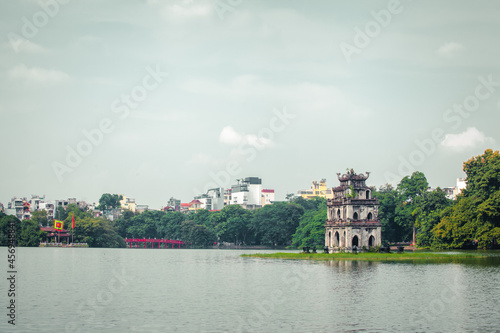 Hoan kiem lake and Turtle Tower in hanoi, vietnam, This is a lake in the historical center of Hanoi, the capital city of Vietnam photo