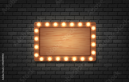 Vector retro rectangle wood billboard and brick wall background.