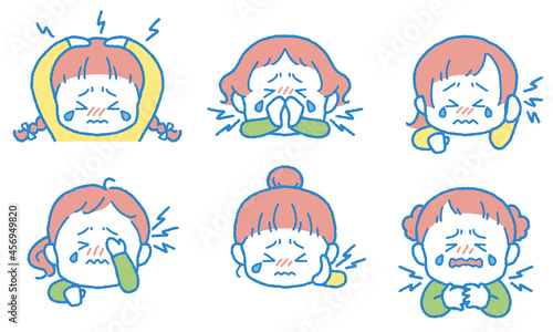 痛がる女の子のイラストセット（頭・鼻・耳・目・頬／歯・首／喉）