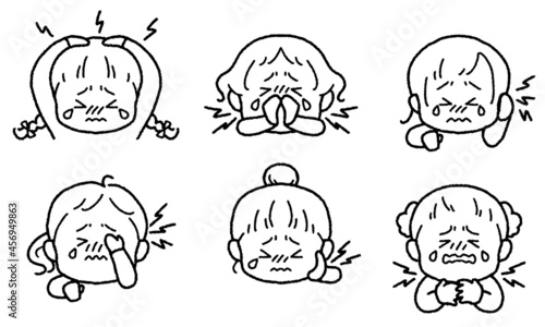 痛がる女の子のイラストセット（頭・鼻・耳・目・頬／歯・首／喉）