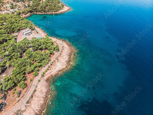 Drone shot on boat trips to the nearby Paklinsky Islands. Secluded beaches and coves in Croatian island of Hvar. Dubovitsa, and lavender fields frame from drone. Drone shot on Croatian island
