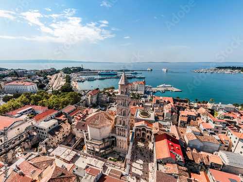 Drone view of the ruins of Diocletian's palace in the city of Split. Palace complex from above. Drone shot of Split Cathedral. Drone shot Croatian city of Split in the resort region of Dalmatia.