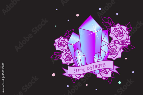 background with decorative magic crystals, flowers and inspirational quote on ribbon. feminine Vector design for girls