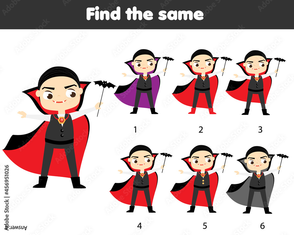 children educational game. Find same pictures. Find two identical vampires. halloween fun for kids and toddlers children educational game. Find same pictures. Find two identical vampires. halloween fun for kids and toddlers